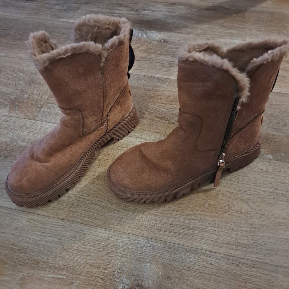 Fashion Boots Tan Brown Mid-Calf Suede Like Faux Fur-Lined Zipper Women Size 39